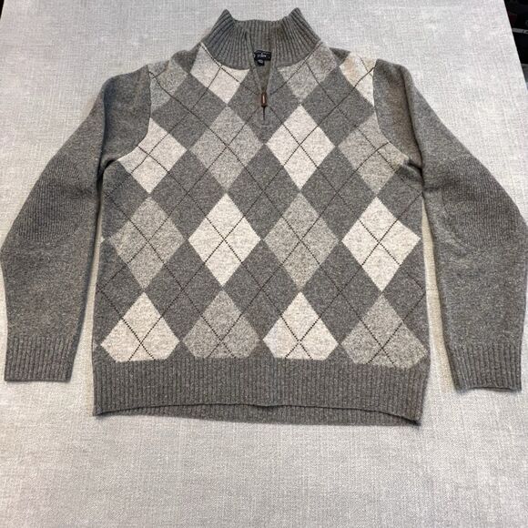 J Crew Mens L 100% Lambs Wool Gray White Argyle Sweater High 1/4 Zip Pullover - Picture 1 of 5